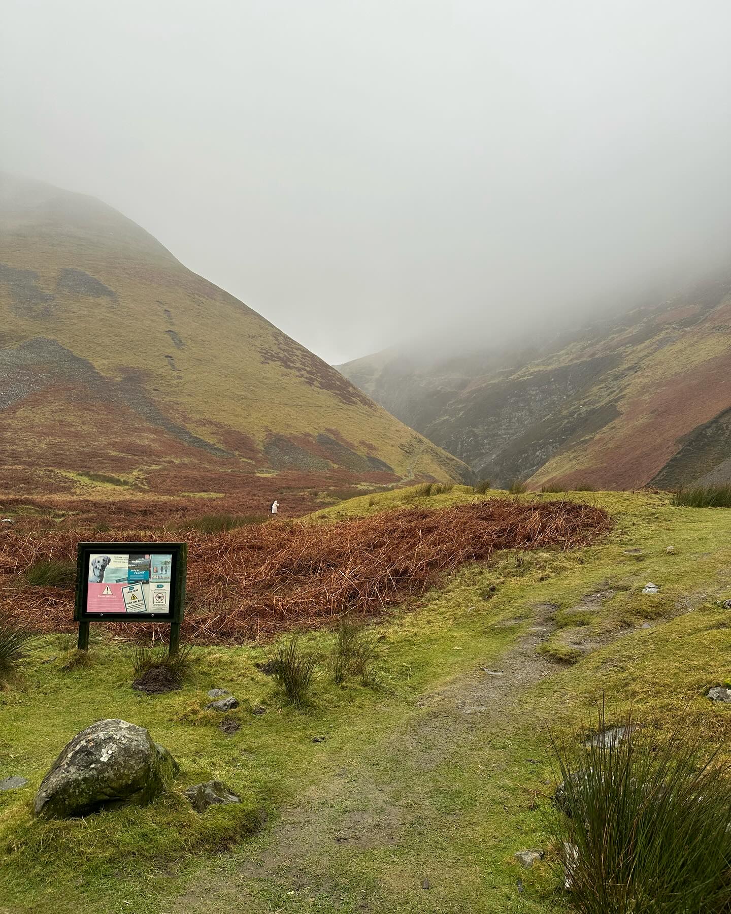 A grassy valley and visitor information board beneath low cloud.