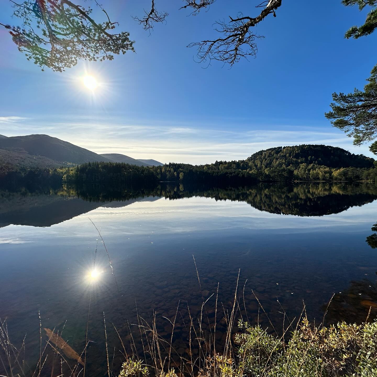 Sunlight and wooded hills reflected in the still water of Loch an Eilein.